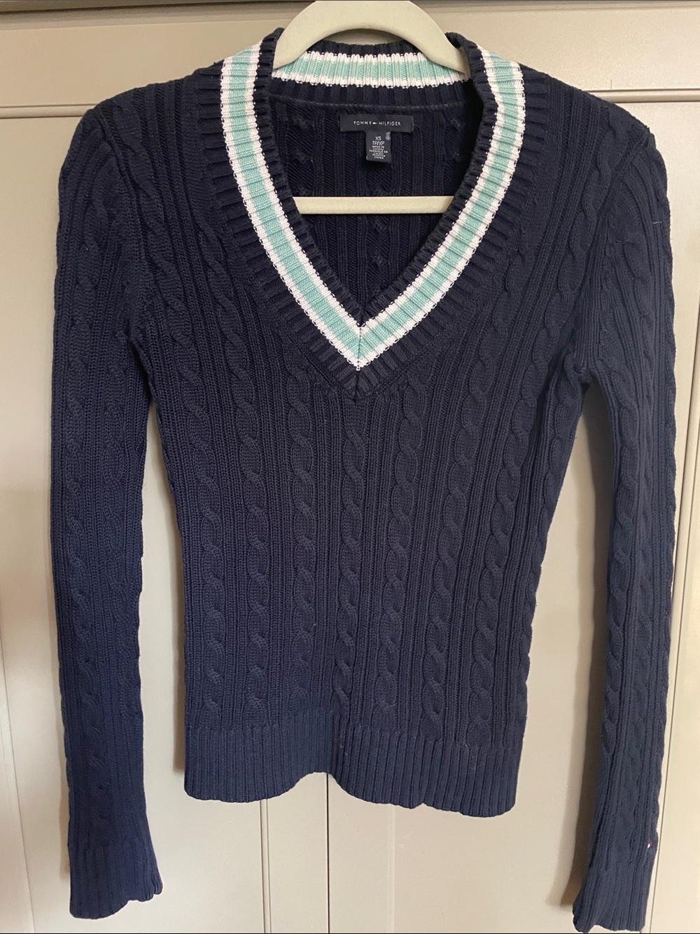 Tommy Hilfiger Navy Cable-Knit V-Neck Sweater with White and Mint Trim